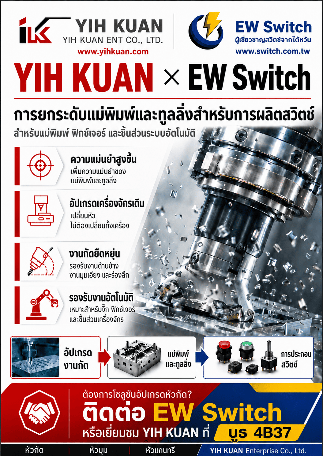 YIH KUAN × EW Switch: การอัปเกรดหัวกัดช่วยเพิ่มประสิทธิภาพการผลิตแม่พิมพ์สวิตช์อิเล็กทรอนิกส์ได้อย่างไร